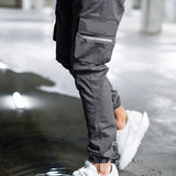 kkboxly  Solid Color Men's Chic Daily Long Drawstring Footed Cargo Pants With Zipper Pockets, Spring Fall Outdoor