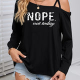 kkboxly  NOPE Print Cold Shoulder T-Shirt, Casual Long Sleeve Top For Spring & Fall, Women's Clothing