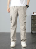 kkboxly Casual Loose Men's Solid Outdoor Cargo Style Long Pants With Multi-pocket Design, Men's Work Wear