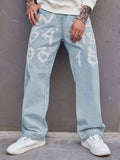 kkboxly  Number Print Wide Leg Jeans, Men's Casual Street Style Solid Color Cotton Blend Denim Pants For Spring Summer