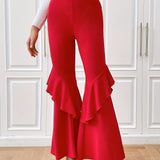 kkboxly  Solid Slim Flare Leg Pants, Elegant Ruffle Trim Pants For Spring & Fall, Women's Clothing