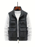 kkboxly  Multi Zipper Pockets Vest, Men's Casual Stand Collar Zip Up Vest For Spring Summer Outdoor Fishing Hiking