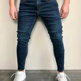 kkboxly  Slim Fit Cotton Jeans, Men's Casual Street Style Solid Color Classic Design Mid Stretch Denim Pants For Spring Summer