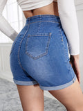 Dark Blue Rolled Hem Denim Shorts, Slin Fit High Waist Single-Breasted Button High-Stretch Short Denim Pants, Women's Denim Jeans & Clothing