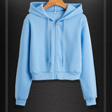 kkboxly  Solid Color Drawstring Crop Hoodie, Casual Zip Up Long Sleeve Hooded Sweatshirt