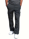 kkboxly  Warm And Thick Men's Drawstring Cargo Pants, Loose Casual Outdoor Straight Leg Sweatpants, Men's Work Pants