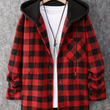 Fashionable And Versatile Men's College Style Casual Plaid Hoodies Button Drawstring Shirt Jacket, Suitable For Outdoor