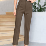 kkboxly  Solid Button High Waist Slim Pants, Elegant Pants For Spring & Fall, Women's Clothing