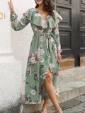 kkboxly  Bohemian Floral Print Belted Dress, Elegant V Neck Long Sleeve Dress, Casual Every Day Dress, Women's Clothing