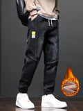 kkboxly  Men's Warm Thick Tapered Pants, Casual Trendy Cropped Pants For Fall Winter