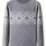 kkboxly  Men's Argyle Pattern Knitted Pullover, Casual Slightly Stretch Breathable Sweater For Outdoor Winter