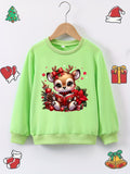 For Girls 12 and Under: Adorable Deer Print Christmas Sweatshirt - Soft Polyester Blend, Crew Neck, Slight Stretch, Knit Fabric, Long Sleeve, Loose Fit Casual Wear