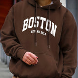 kkboxly Plus Size Men's "BOSTON" Print Hooded Sweatshirt Oversized Hoodies Fashion Casual Tops For Spring/autumn, Men's Clothing