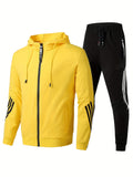 kkboxly  Stripe Design, Men's 2pcs, Long Sleeve Zip Up Hoodie And Drawstring Jogger Pants For Running, Athletics