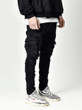 kkboxly  Multi Pocket Slim Fit Jeans, Men's Casual Street Style Distressed Denim Pants