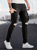 kkboxly Slim Fit Flap Pocket Ripped Jeans, Men's Casual Street Style Mid Stretch Denim Pants For Spring Summer