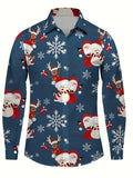 kkboxly  Christmas Lovely Cartoon Full Print, Men's Stylish Long Sleeve Button Down Shirt, Spring Fall