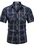 kkboxly  Trendy Plaid Print Men's Casual Short Sleeve Cotton Shirt With Chest Pocket, Men's Shirt For Summer, Tops For Men