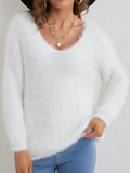 kkboxly  Solid Fuzzy Knit Sweater, Elegant V Neck Long Sleeve Sweater For Fall & Winter, Women's Clothing