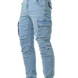 kkboxly  Slim Fit Multi Pocket Jeans, Men's Casual Street Style Medium Stretch Denim Cargo Pants