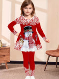 Girls' Festive Snowman Print Long Sleeve Dress & Pants Set - Stretchy Knit Fabric, Machine Washable, Perfect for Christmas - Casual Outfit with Skirted Top & Leggings, Perfect for Outdoor