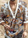 Men's Bohemian Pattern Shirt Top V Neck Lace Up Collar 3/4 Sleeves Closure Regular Fit Male Casual Shirt For Daily Beach Resorts