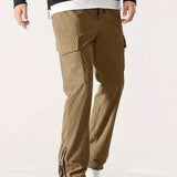 kkboxly  Zipper Design, Men's Corduroy Cargo Pants With Flap Pockets, Comfy Trendy Trousers