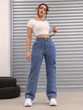 kkboxly  Loose Fit Casual Straight Jeans, Flap Pockets Non-Stretch Denim Pants, Women's Denim Jeans & Clothing