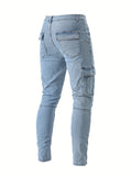 kkboxly  Men's Multi Pocket Jeans, Casual Street Style Medium Stretch Denim Pants