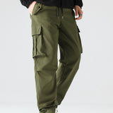 kkboxly  Men's Trendy Solid Cargo Pants With Multi Pockets, Casual Straight Leg Loose Fit Trousers For Outdoor