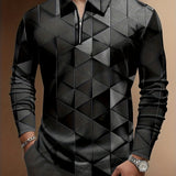 Cool Geometric Pattern Men's Long Sleeve Zipper Shirt, Trendy Comfy Male Shirt For Spring Fall