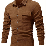 kkboxly Solid Corduroy Men's Long Sleeve Shirt With Chest Pocket, Men's Thick Casual Button Up Shirt For Fall Winter