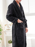 kkboxly Men's Comfy Solid Fleece Robe Home Pajamas Wear With Pocket One-piece Lace Up Kimono Night-robe Warm Sets After Bath