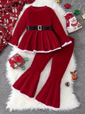 Christmas Set Girls Long Sleeve Peplum Top With Belt + Bell-Bottom Pants Set Holiday Christmas Gift, perfect for  outdoor santa parties