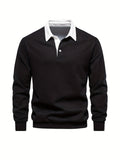 kkboxly  Cotton Blend Retro Lapel Shirt, Men's Casual V-Neck Pullover Long Sleeve Rugby Shirt For Spring Fall, Men's Clothing