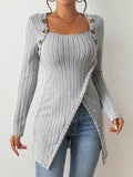 Ribbed Button Decor Asymmetrical Hem T-Shirt, Casual Long Sleeve Top For Spring & Fall, Women's Clothing