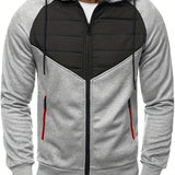 kkboxly  Casual Patchwork Cardigan Zip Hooded Sweatshirts, Men's Long Sleeve Jacket Coat For Summer