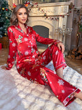 Cozy Christmas Snowflake & Reindeer Clothing Set for Women - Long Sleeve, Button-Up Top with Lapel Collar & Elastic Waistband Pants, Machine Washable