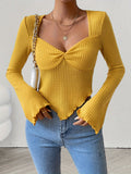 kkboxly  Twist Front Sweetheart Neck T-Shirt, Casual Long Sleeve Crop Top For Spring, Women's Clothing