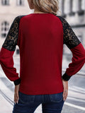 Lace Stitching V Neck T-Shirt, Elegant Long Sleeve Top For Spring & Fall, Women's Clothing