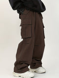 Solid Color Multi Flap Pockets Men's Straight Leg Cargo Pants, Loose Baggy Pants Casual Outdoor Pants, Men's Work Pants