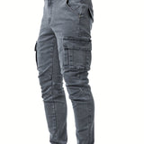 kkboxly  Slim Fit Cargo Jeans, Men's Casual Street Style Multi Pocket High Stretch Denim Pants For Spring Summer