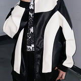 kkboxly  Men's Casual Color Block PU Leather Jacket, Chic Biker Jacket