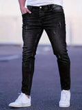 kkboxly  Slim Fit Moustache Effect Jeans, Men's Casual Street Style Distressed Stretch Denim Pants