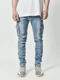 kkboxly  Multi Pocket Slim Fit Jeans, Men's Casual Street Style Distressed Denim Pants