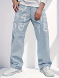 kkboxly  Letter Print Baggy Jeans, Men's Casual Loose Fit Street Style Distressed Wide Leg Jeans