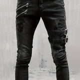 kkboxly  Slim Fit Ripped Biker Jeans, Men's Casual Street Style Medium Stretch Denim Pants