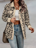 kkboxly  Plus Size Casual Jacket, Women's Plus Plain Leopard Print Flap Detail Long Sleeve Lapel Collar Button Decor Jacket