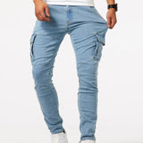 Slim Fit Multi Pocket Jeans, Men's Casual Street Style High Stretch Denim Cargo Pants