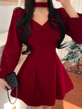 kkboxly  Bow Decor Cut Out Dress, Chic Long Sleeve A-line Dress, Women's Clothing, Valentine's Day